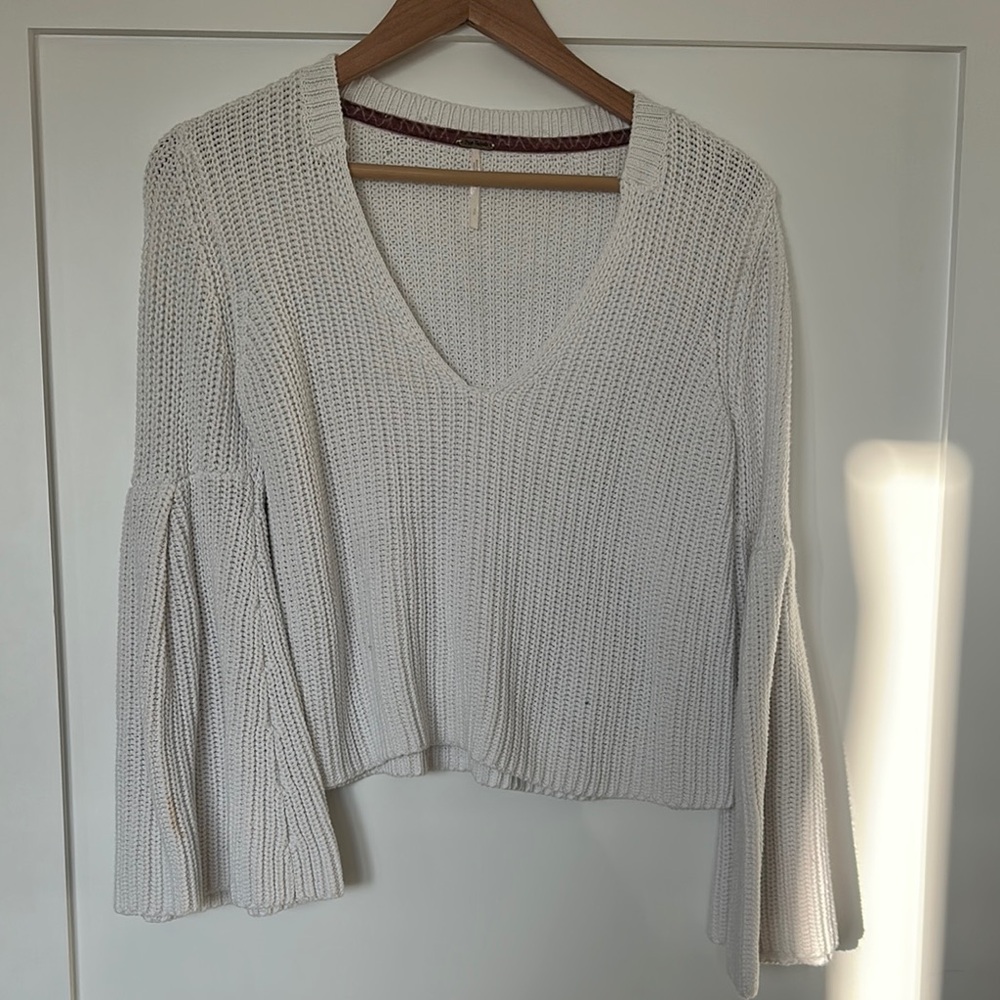 Free People White Ribbed Bell Sleeve Crop Blouse
